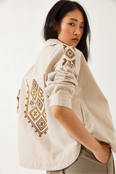 Bianco Lucci Damen-Jacke aus Gabardine mit Ethno-Stickereimuster