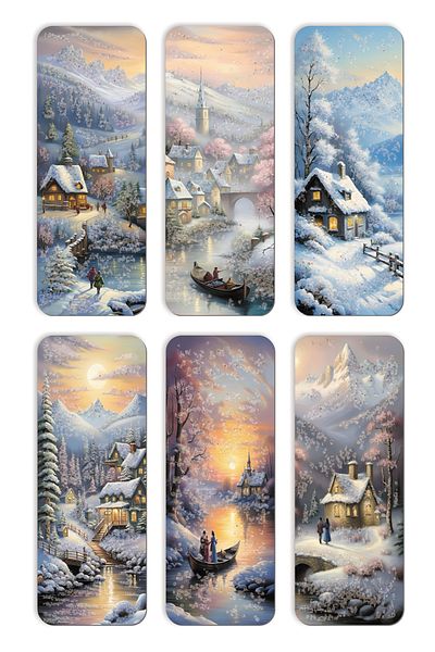 Mia Pera Set of 6 Glittery Bookmarks Christmas Themed Snowman Santa Claus Landscape New Year