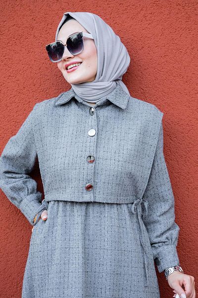 Tesettür Çarşım Gray Tweed Plaid Top Pocket Dress