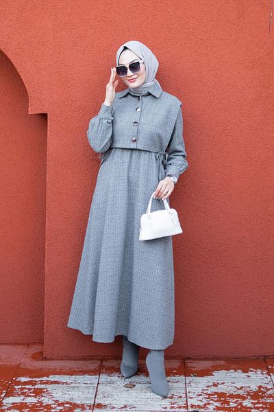 Tesettür Çarşım Gray Tweed Plaid Top Pocket Dress