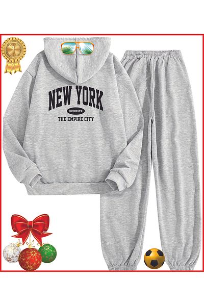HOFFNUNG Full Hoodie New York the Empire City Grey Printed Tracksuit Set