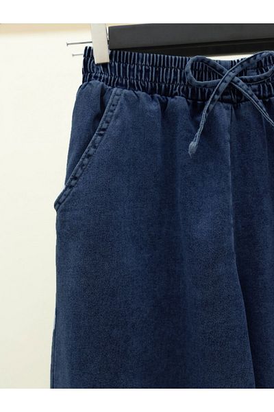 Modamorfo Elastic Waist Jeans with Wide Legs and Pockets - Dark
