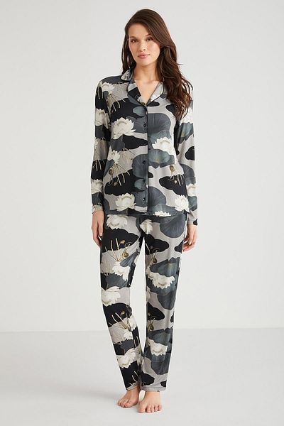 Penyemood Women's Long Sleeve Front Button Smoked Pajamas Suit C7T2N7O9