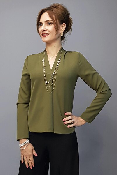 ÖNDER ÖZSOY V Yaka Omuz Pileli Uzun Kol Bluz-Haki