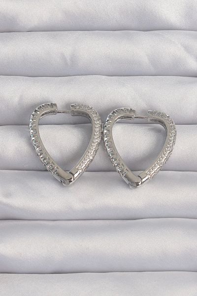 Avantaj Kapıda Brass Silver Color Zircon Stone Motif Heart Earrings