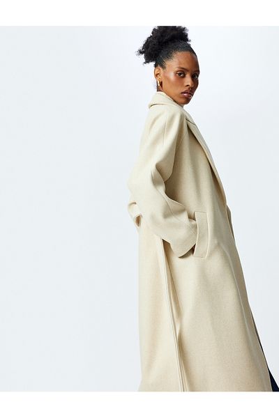Koton Extra Long Stitched Coat with Belt Detail Pockets