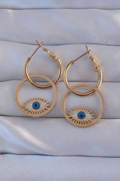 Clariss 316L Steel Gold Color Zircon Stone Blue Eye Design Hoop Earrings