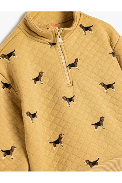 Koton Dog Print Long Sleeve Quilted Sweatshirt with Half Zipper Detail