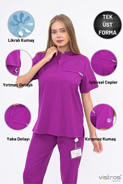 Vistros Medikal Likralı Takım Yüksek Kaliteli Scrubs Hakim Yaka Hemşire Doktor Üniforma (ÜST) V-019