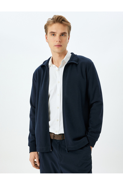 Koton Regular Fit Cotton Blend Raster Long Sleeve Basic Zip-Up Sweatshirt