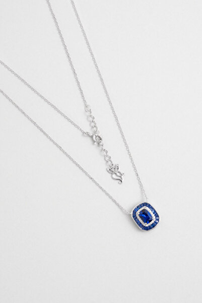 So CHIC... Safir Mavisi 18 Ayar Beyaz Altın Kaplama 45 Cm Gümüş Kolye