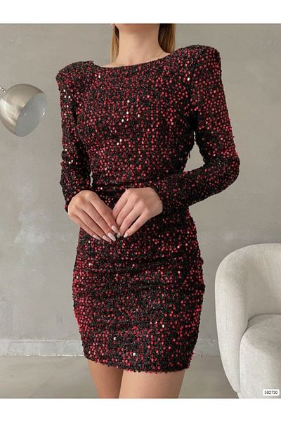 modaserdem Women's Long Sleeve Wadded Detail Full Sequin Sequin Mini Dress