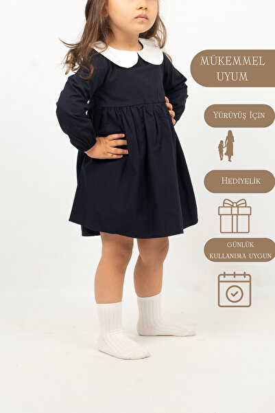 Vauva Kız Bebek Çocuk Elbise Uzun Kollu Yakalı Düğmeli Mevsimlik Elbise