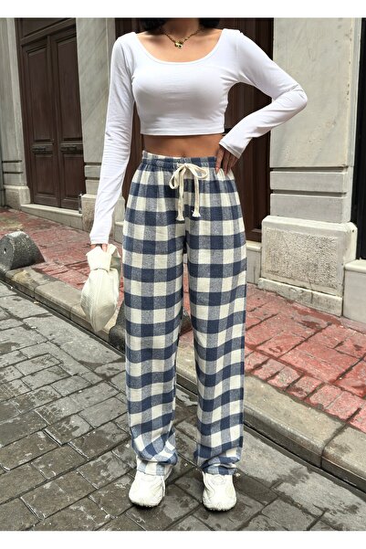 RE7EDİ mavi beyaz Harajuku Kare Desenli Unisex Pijama Eşofman