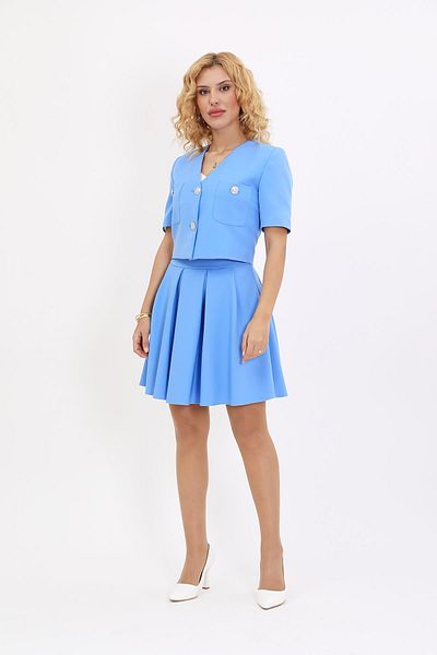 ÖNDER ÖZSOY Short Sleeve Collarless Mini Jacket & Flared Short Skirt Set-Sky