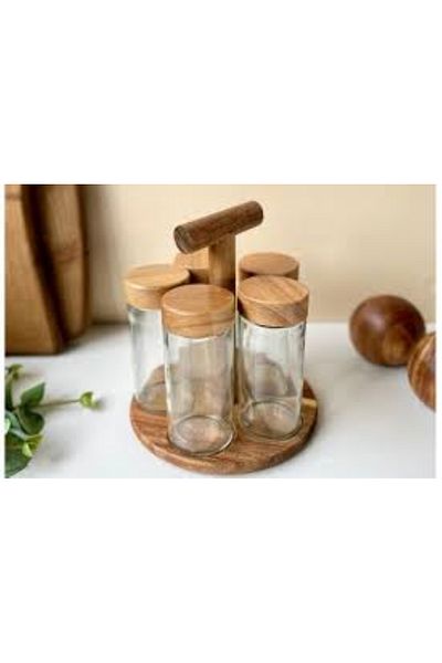MİEN Acacia 5-Piece Spice Rack with Lid and Stand