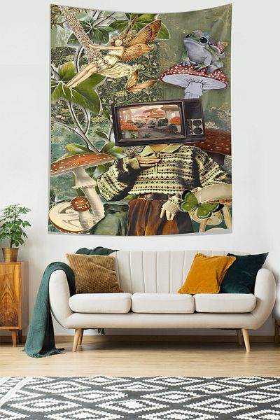 on the clouds Forest Theme Vintage Wall Cover - Mushroom and Frog Pattern, Anti-Stick Fabric Wall Tapestry Tapestry