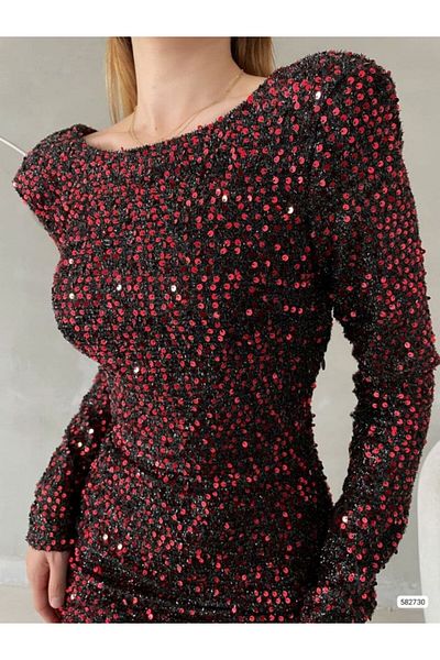 modaserdem Women's Long Sleeve Wadded Detail Full Sequin Sequin Mini Dress