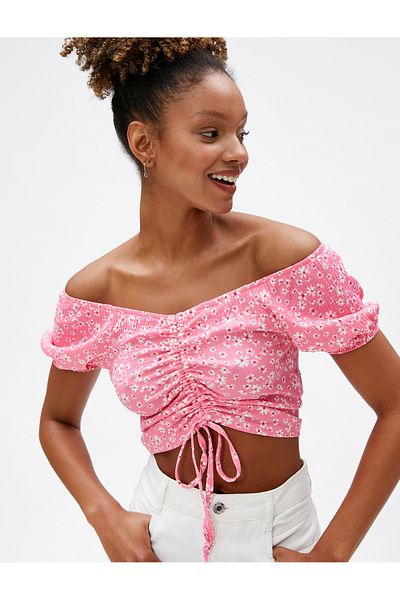 Koton Crop T-Shirt Floral Off Shoulders Λεπτομέρεια γραβάτας με κοντό μανίκι