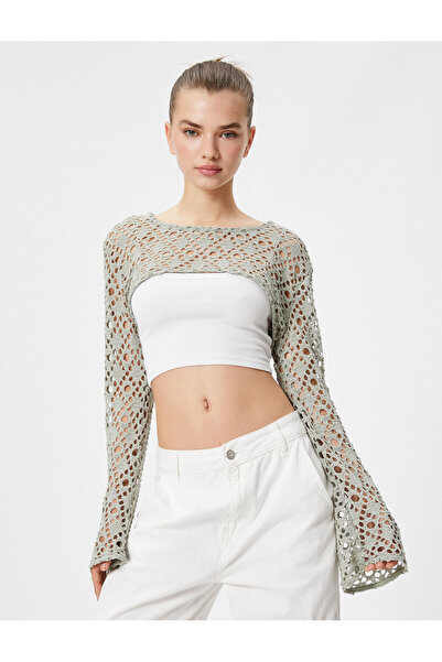 Koton Prolamované háčkované triko Bolero s dlouhým rukávem a výstřihem