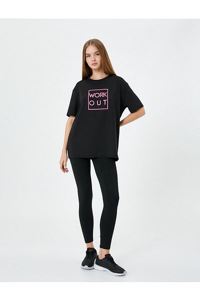 Koton Tricou sport oversize, cu mânecă scurtă, cu decolteu triplu, imprimat