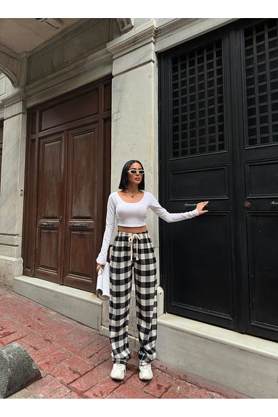RE7EDİ Black and White Harajuku Square Pattern Unisex Sleepwear Tracksuit