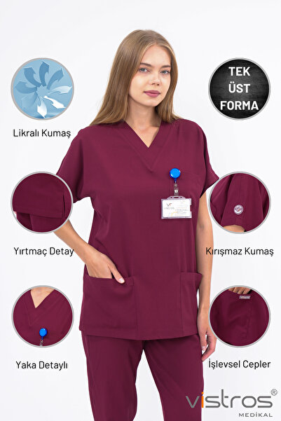 Vistros Medikal V Yaka Detaylı Bordo Doktor Hemşire Forması Medikal Forma Cerrahi Üst Likralı Kumaş (Üst) V-002U
