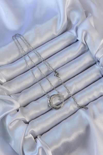 Store 316l سلسلة الصلب فضية اللون الزركون حجر عزر قلادة نجمة القمر