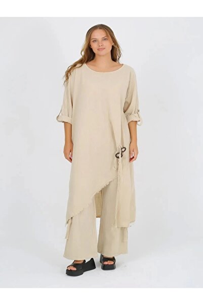 Butik Pamuk Pantolon ve Uzun Bluz Alt Üst Takım-Bej