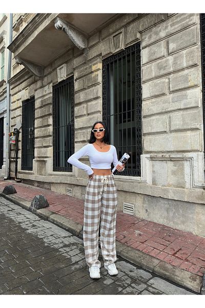 RE7EDİ Beige White Harajuku Square Pattern Unisex Sleepwear Tracksuit