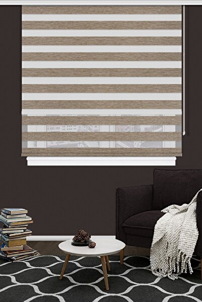 Noveva Home Çift Mekanizma Zebra Stor Güneşlik Perde 05 Koyu Bej Mutfak Balkon Perdesi Çocuk Yatak Odası Perdesi