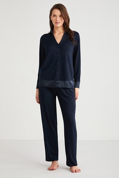 Penyemood Women's Long Sleeve Front Button Navy Blue Pajamas Suit C8T0N7O9
