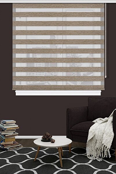 Noveva Home Çift Mekanizma Zebra Stor Güneşlik Perde 05 Koyu Bej Mutfak Balkon Perdesi Çocuk Yatak Odası Perdesi