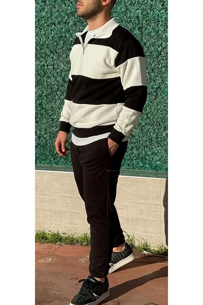 Altamira Set de trening oversize cu jumătate de fermoar cu dungi negre pentru bărbați, cu picioare elastice