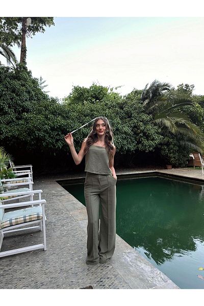 mydukkan.co Elvin Khaki Green Linen Set - Hanging