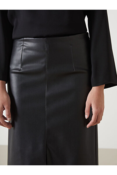 LC Waikiki Lcwaikiki Classic Black Women's Leather Look Skirt with Zippered Waist