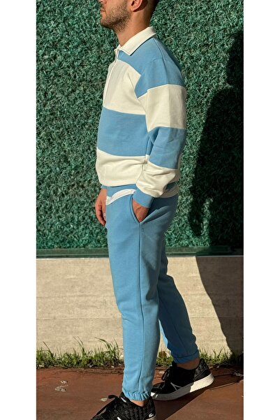 Altamira Set de trening oversize cu jumătate de fermoar cu dungi albastre pentru bebeluși cu picioare elastice