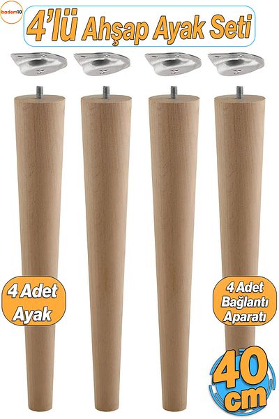 Badem10 Set de 4 picioare din lemn pentru masă de cafea 40 cm Zigon Puf Scaun Picior Masa Picioare Include dispozitiv de conectare în unghi