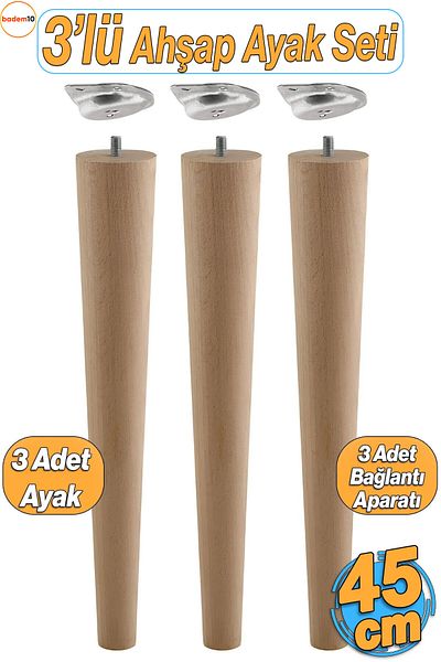 Badem10 Set de 3 picioare pentru masă de cafea din lemn, 45 cm, inclusiv picioare pentru scaun, picioare pentru masă, atașament pentru unghiuri