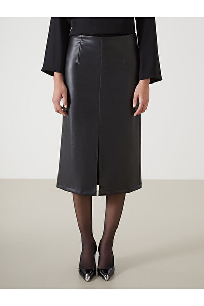 LC Waikiki Lcwaikiki Classic Black Women's Leather Look Skirt with Zippered Waist