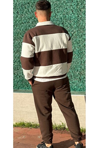 Altamira Мъжки кафяв раиран анцуг с половин цип и еластичен крачол