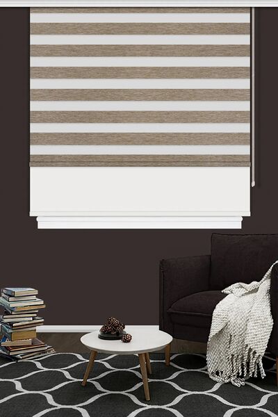 Noveva Home Çift Mekanizma Zebra Stor Güneşlik Perde 05 Koyu Bej Mutfak Balkon Perdesi Çocuk Yatak Odası Perdesi