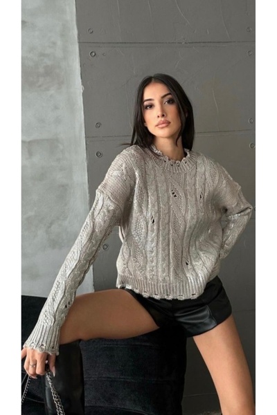 boutiquemery Gümüş Varaklı Triko Kazak