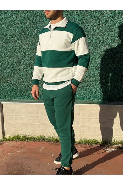 Altamira Set de trening oversize cu jumătate de fermoar cu dungi verzi pentru bărbați, cu picioare elastice