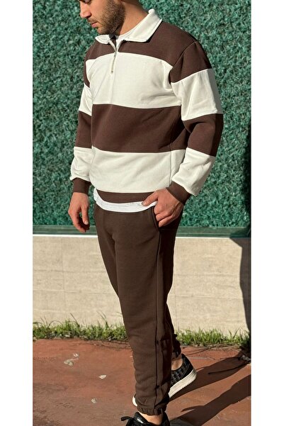 Altamira Мъжки кафяв раиран анцуг с половин цип и еластичен крачол