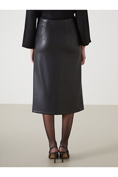 LC Waikiki Lcwaikiki Classic Black Women's Leather Look Skirt with Zippered Waist