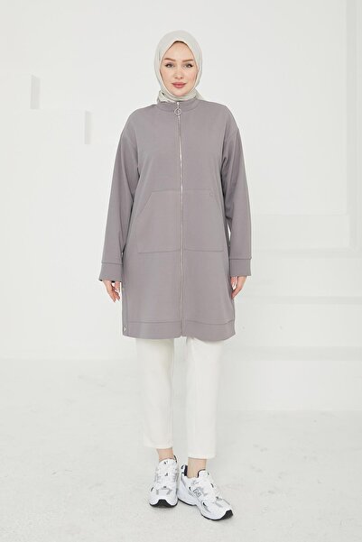 Armine TREND ARMİNE TREND Boydan Fermuarlı Cepli Tunik-Gri 24KT410