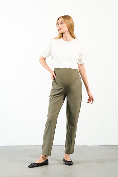 BUSA Maternity Flexible Abdominal Band Adjustable Waist Mom Fit Classic Gabardine Pants Khaki