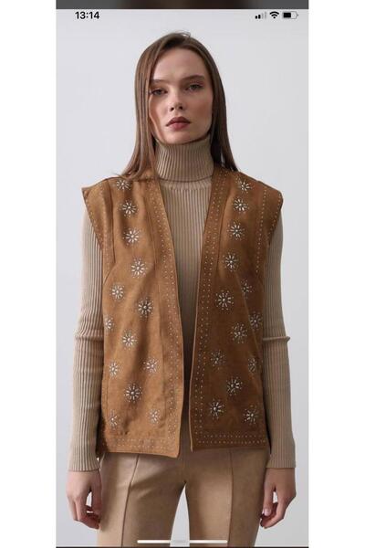 Butik taşlı süet kahve yelek