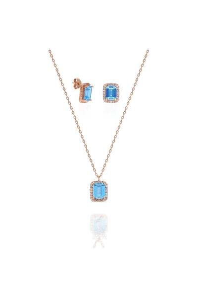 Nereze 925 Ayar Gümüş Aquamarin Taşlı Tektaş Küpe Ve Kolye Set